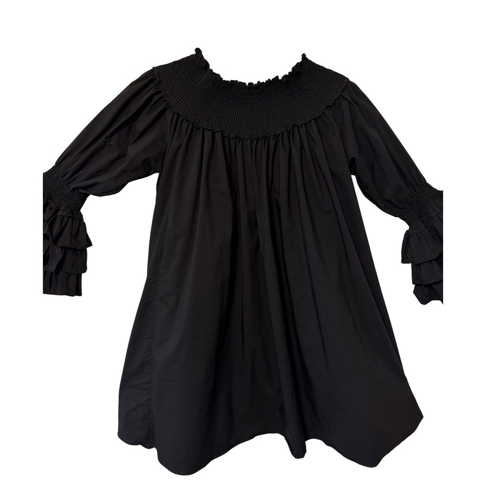 Blanc Studio Babydoll Dress Womens Black Smocked Tiered Ruffle Sleeve Mini - Picture 6 of 13
